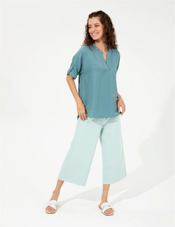 A__k Mavi Flare Cropped Kanvas Pantolon