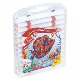 Маркер для рисования "Творчество" акриловый, на водной основе, смываемый, двойной нейлоновый наконечник: твердый и мягкий - кисточка, треугольная форма, с номером, набор 24шт, в пластмассовом кейсе с ручкой 21х16,6х3,2см (Китай)