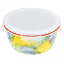 Акварель Салатник-контейнер фарфоровый 900мл, д16,7х7,3см, круглый, с деколью, отводка, пластмассовая крышка, герметичная, с клипсами, с силиконовым уплотнителем (Китай)