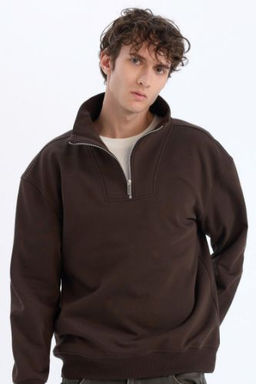 Relax Fit Dik Yaka Fermuarl? Basic Duz Kal?n Sweatshirt
