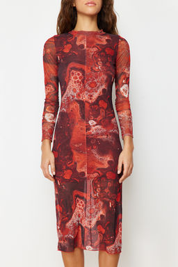 Kahverengi Bask?l? Tul Astarl? Vucuda Oturan Dik Yaka Midi Orme Elbise TWOAW24EL00165 - Trendyolmilla фото 4