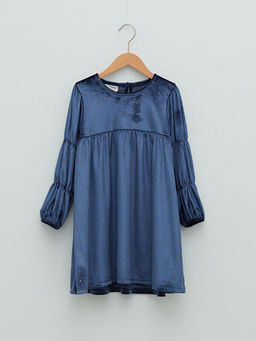 Bisiklet Yaka Bask?l? Uzun Kollu Kadife K?z ?ocuk Elbise