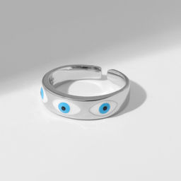 Кольцо Оберег глаз, ряд, цвет бело-голубой в серебре, безразмерное - Qf фото 2