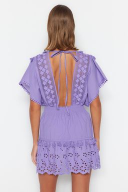 TRENDYOLMILLA Siyah Dokuma %100 Pamuk Brode Detayl? Mini Plaj Elbisesi TBESS21EL1248 фото 23