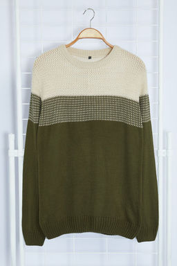 TRENDYOL MAN Bej Slim Fit Dar Kesim Bisiklet Yaka Renk Bloklu Kazak TMNAW21KZ0543 - Trendyolmilla фото 22