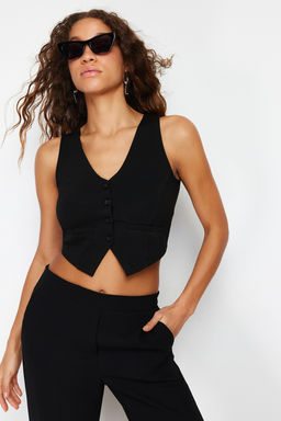 Siyah Duz Slim Regular Dugme Detayl? Crop Yelek TWOSS23YE00037