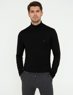 Siyah Slim Fit Bal_k__ Yaka Basic Triko Kazak