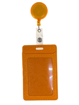Бейдж с лентой на рулетке вертикальный, цвет оранжевый