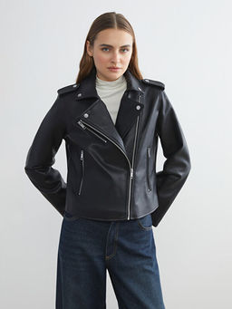 Biker Yaka Kad?n Deri G?r?n?ml? Ceket