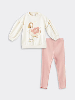 Bisiklet Yaka Uzun Kollu Bask?l? K?z Bebek Sweatshirt ve Tayt 2li