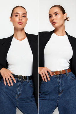 Trendyolmilla Siyah-Taba 2li Paket Croco ve Duz Deri Gorunumlu Tokal? Kad?n Kemer TWOAW24KE00001