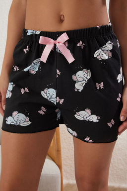Trendyolmilla Siyah %100 Pamuklu Fil Desenli Kurdele/Fiyonklu Sortlu Orme Pijama Tak?m? THMSS25PT00170