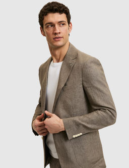 Kahverengi Slim Fit %100 Keten Mikro Desen Mono Yaka Ceket