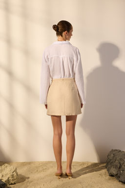 Bej %100 Keten Cep Detayl? Mini Etek TWOSS24ET00154