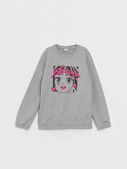 Bisiklet Yaka Bask?l? Uzun Kollu K?z ?ocuk Sweatshirt
