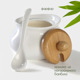 Сахарница фарфоровая с ложкой на деревянной подставке BellaTenero, 170 мл, цвет белый  фото 8