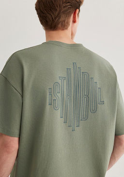 S?rt Bask?l? Haki Istanbul Tisort - Mavi фото 2