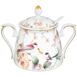 Сахарница 400 мл 15*10*11,5 см "Певчие птички" с ложкой NEW BONE CHINA, фарфор