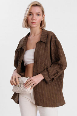 Kahverengi Cizgili Oversize/Genis Kal?p Dokulu Gomlek TWOAW26GO00083