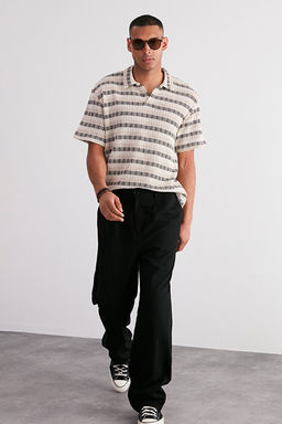 Ekru Oversize/Geni_ Kesim D___k Omuz _izgili Polo Yaka T-shirt TMNSS24PO00023