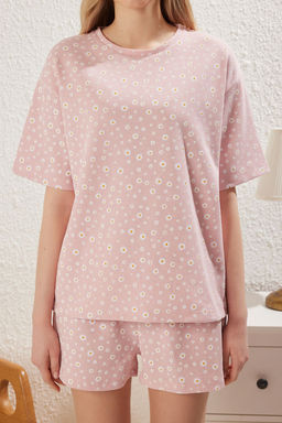 Trendyolmilla Pembe Papatya Desenli Waffle Kumas Sortlu Orme Pijama Tak?m? THMSS25PT00217