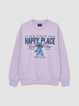 Stitch Bask?l? K?z ?ocuk Kal?n Sweatshirt