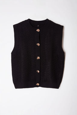 Siyah Bisiklet Yaka Fitted Yelek TWOAW25YE00028