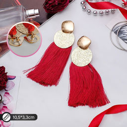 Серьги ассорти Кисти хинди, цвет бордовый в золоте, L кисти 6.5 см