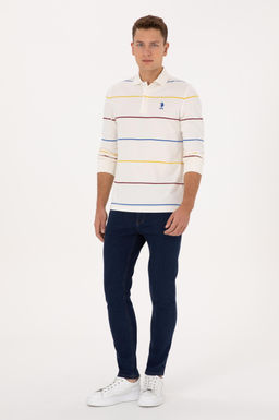 Erkek Regular Fit Polo Yaka _izgili Krem Sweatshirt