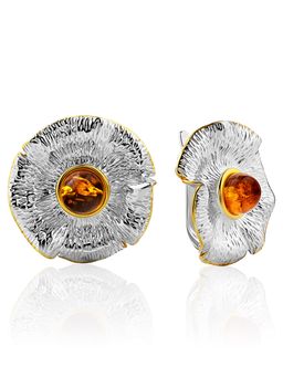 Крупные серьги Мак из фактурного серебра и натурального золотистого янтаря