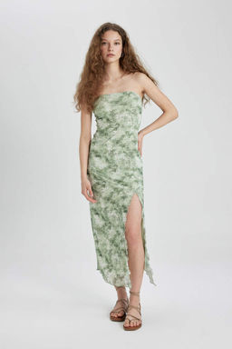 Платье миди из тюля без бретелек с разрезом и рисунком - Defacto фото 2