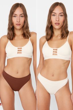 Trendyolmilla Kahverengi-Nude 2li Paket Seamless/Dikissiz Tanga Orme Kulot THMAW23KU00139  фото 6