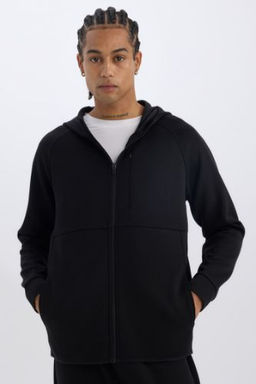 DeFactoFit Slim Fit Dar Kesim Kapusonlu Skuba Dalg?c Kumas Fermuarl? Sporcu Sweatshirt