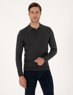Antrasit Melanj Slim Fit Polo Yaka Basic Triko Kazak