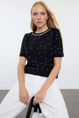 Siyah Yunlu Inci ve Tas Islemeli Triko Kazak TWOAW25KZ00127 - Trendyolmilla фото 2