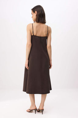 Kahverengi Duz Midi Denim Elbise TWOSS25EL00859