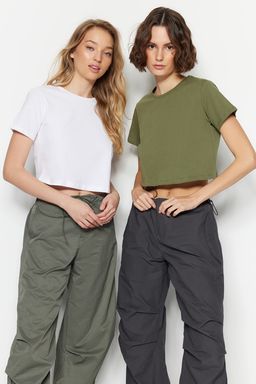 Haki-Beyaz 2li Paket %100 Pamuk Crop Bisiklet Yaka Orme T-Shirt TWOSS20TS1480