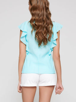 CONTE Блузка в полоску с широкими воланами LBL 1093 aqua blue-white