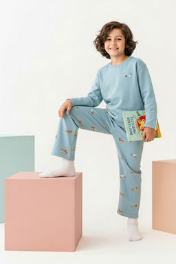 Mavi Erkek Cocuk 100% Pamuk Animal Bask?l? Regular Orme Pijama Tak?m? TKDAW26PT00005
