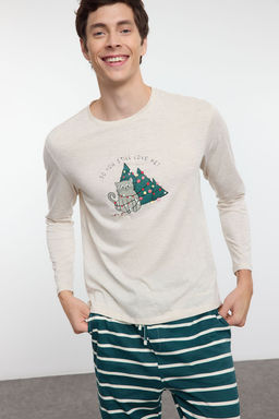 TRENDYOL MAN Bej Cizgili Regular Fit Couple Y?lbas? Orme Pijama Tak?m? TMNAW25PT00045 - Trendyolmilla фото 5