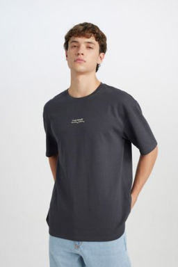 Boxy Fit Bisiklet Yaka Bask?l? K?sa Kollu Tisort