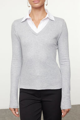 Trendyolmilla Siyah Dokuma Detayl? Gomlek Yaka Regular/Normal Kal?p Orme Bluz TWOAW25BZ00035  фото 3