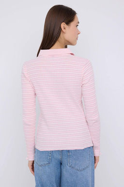 Pembe Fitted/Vucuda Oturan Uzun Kollu Polo Yaka Yar?m Partl? Jakarl? Esnek Orme Bluz TWOAW26BZ00114 - Trendyolmilla фото 8