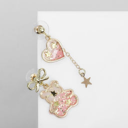 Серьги эмаль Мишка и сердце, романтика, цвет бело-розовый в золоте - Queen fair фото 2