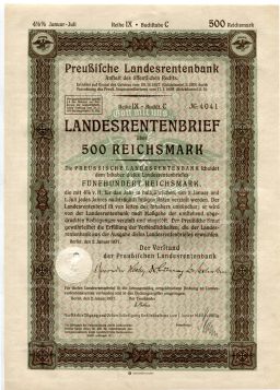 Облигация 4,5% 500 рейхсмарок 1937 года Германия