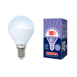 LED-G45-11W/DW/E14/FR/NR Лампа светодиодная. Форма "шар", матовая. Серия Norma. Дневной белый свет (6500K). Картон. ТМ Volpe