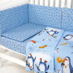 Пингвиния Набор для новорожденных Пингвиния/Борта:6шт; Подушка:1 шт-40*60; Наволочка(клапан):1шт.-40*60; Простыня на резинке:1шт.-120*60; Одеяло:1шт.-110*90; Пододеяльник:1шт.-110*90 Набор в кроватку (бязь) - Артпостелька фото 4