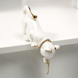 Фигурка настольная керамика «Кошка бело-золотистая с цепочкой из страз», на полку, стол, 8.5×5.5×17 см