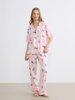 G?mlek Yaka Desenli Kad?n Pijama Tak?m