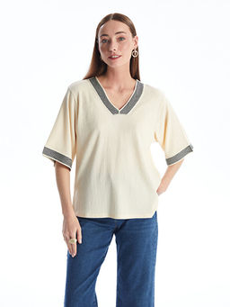 V Yaka ?erit Detayl? Oversize Kad?n Bluz